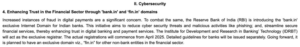 RBI Cyber Security policy for banks to use .bank.in and non-banks to use fin.in